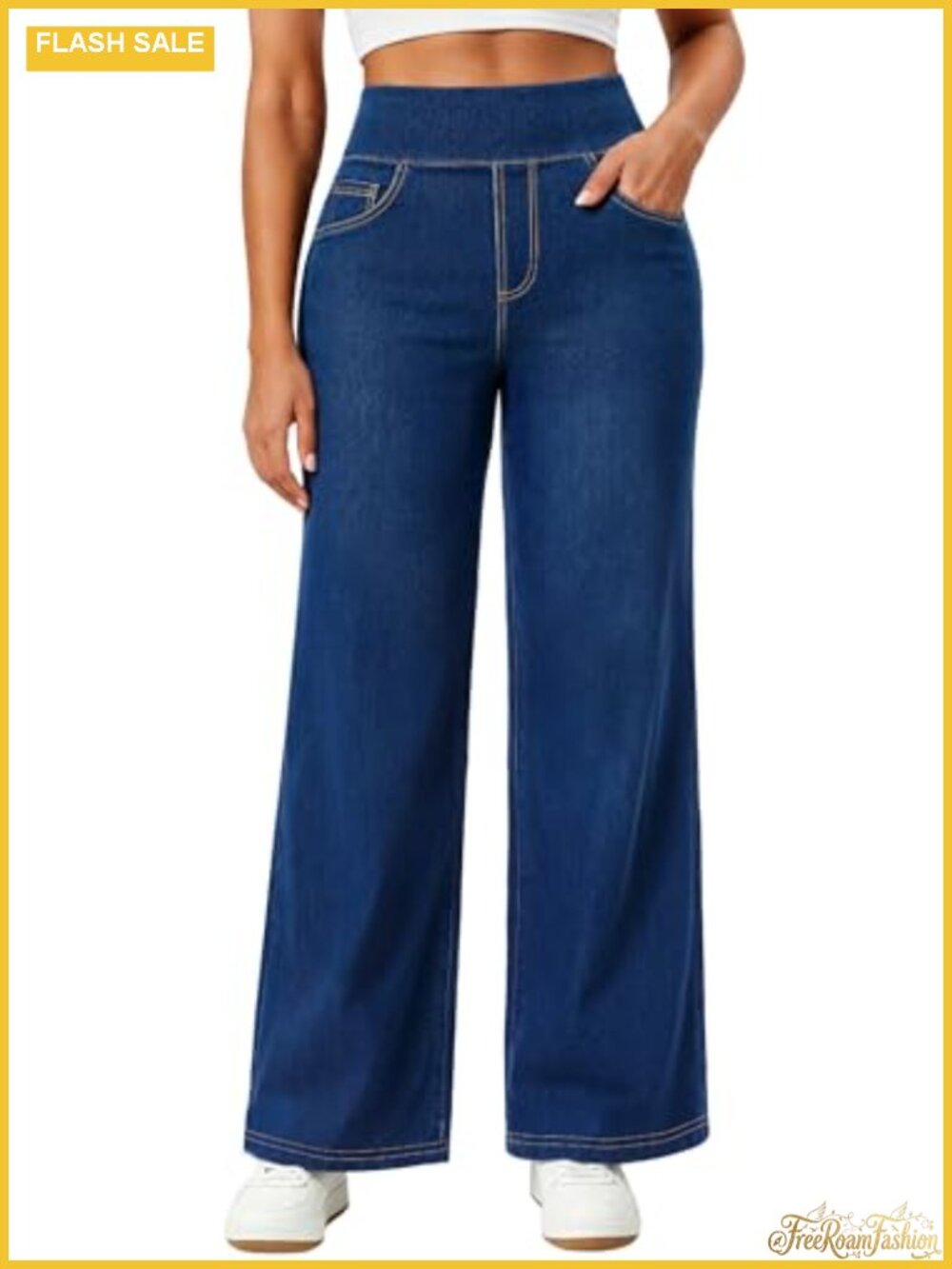 Stretchy Wide Leg Jeans Women Pull On High Waist Tummy Control